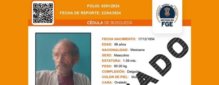 Localiza Fiscalía General a un adulto mayor reportado como desaparecido en Apatzingán 1 Localiza Fiscalía General a un adulto mayor reportado como desaparecido en Apatzingán