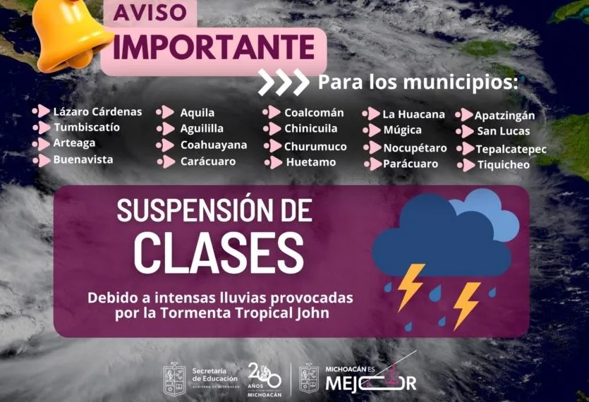 Suspenden De Clases Varios Municipios De Michoacán Debido A La Tormenta Tropical &Quot;John&Quot; 19 Suspenden De Clases Varios Municipios De Michoacán Debido A La Tormenta Tropical &Quot;John&Quot;