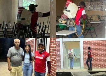 Paola Castañeda ayuda a escuela a nebulizar contra el Dengue
