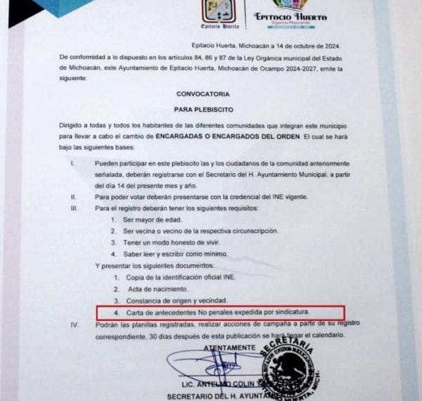 Teemich Ordena Al Ayuntamiento De Epitacio Huerta, Emitan De Nuevo Las Convocatorias Para Elección De Jefaturas De Tenencia Y Encargaturas Del Orden