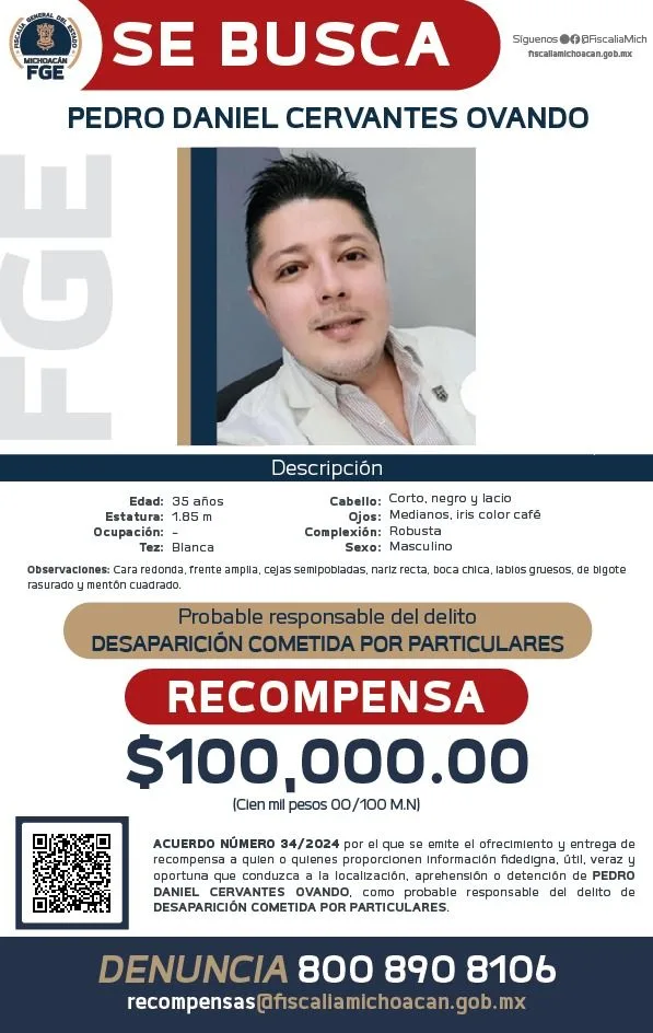 Ofrece Fiscalía General, Recompensa Para Localizar Y Detener A Pedro Daniel Cervantes Ovando, Presunto Responsable De La Desaparición De Una Mujer