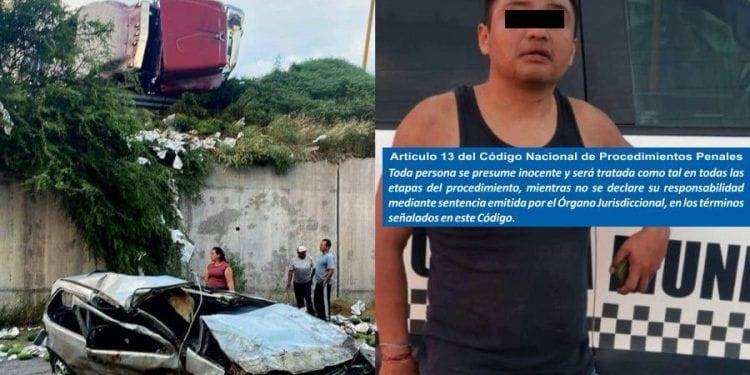Salvan su vida de milagro al caer con su vehículo de un puente, tras impactarse con camión papayero; hay 4 heridos y un detenido