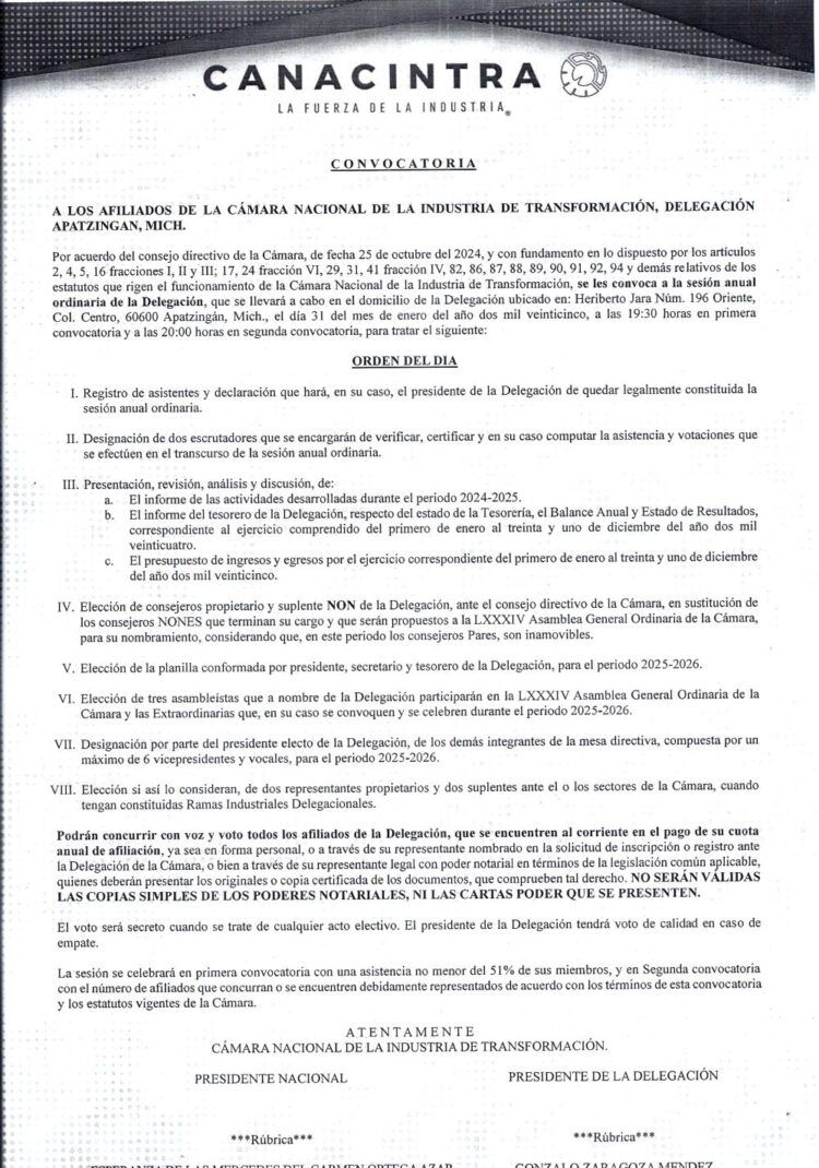 Convocatoria A La Sesión Anual Ordinaria De La Delegación Apatzingán De La Cámara Nacional De La Industria De Transformación