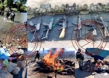 Sedena, G.N. y G.C., aseguran armas y equipo táctico en Los Charcos de Buenavista; en el lugar se encontraron 3 cadáveres