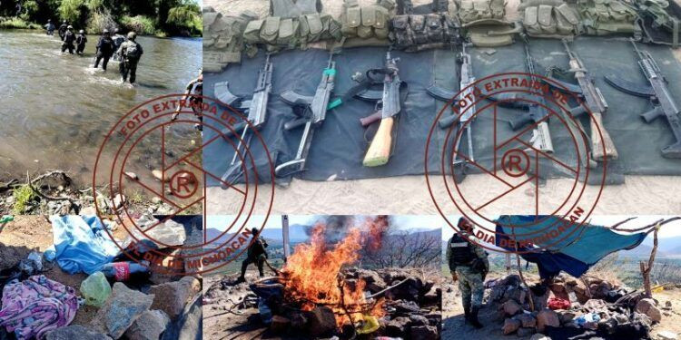 Sedena, G.N. y G.C., aseguran armas y equipo táctico en Los Charcos de Buenavista; en el lugar se encontraron 3 cadáveres
