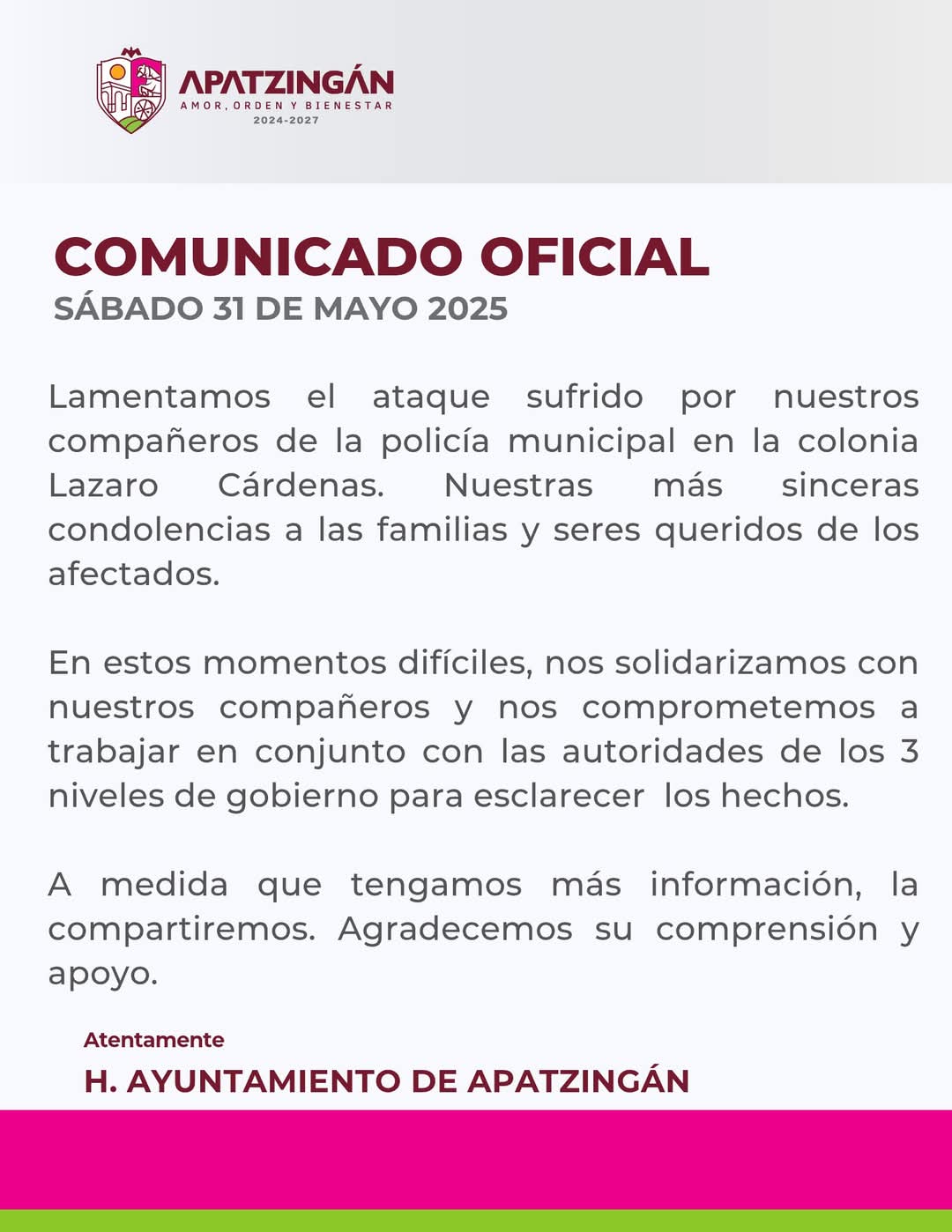 Ataque armado en Apatzingán deja un policía municipal muerto y dos lesionados Comunicado enviado por el ayuntamiento de Apatzingan | El Día de Michoacán