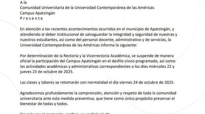 Por seguridad, UNICLA Apatzingán suspende participar en desfile del 22 y actividades académicas por dos días