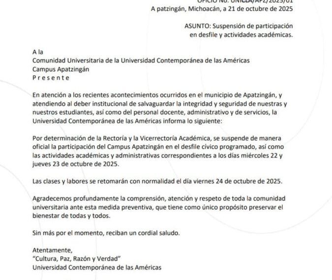 Por seguridad, UNICLA Apatzingán suspende participar en desfile  del 22 y actividades académicas por dos días