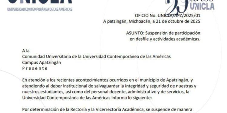 Por seguridad, UNICLA Apatzingán suspende participar en desfile del 22 y actividades académicas por dos días