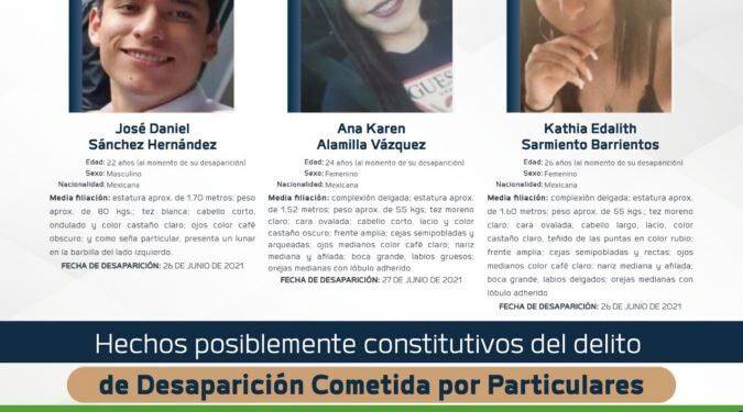 FGE ofrece recompensa de 100 mil pesos por información que permita localizar a tres personas desaparecidas