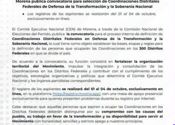 Morena publica convocatoria para la selección de Coordinaciones Distritales Federales de Defensa de la Transformación y la Soberanía Nacional