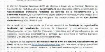 Morena publica convocatoria para la selección de Coordinaciones Distritales Federales de Defensa de la Transformación y la Soberanía Nacional
