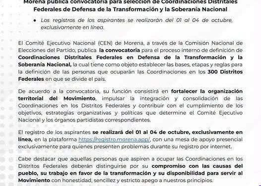 Morena publica convocatoria para la selección de Coordinaciones Distritales Federales de Defensa de la Transformación y la Soberanía Nacional